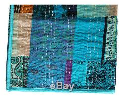 0Handmade Silk Kantha Vintage Sari Throw Patchwork Quilt Ralli Indian 6090 Blue