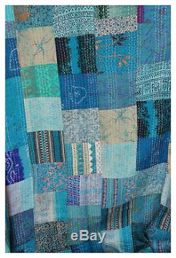 0Handmade Silk Kantha Vintage Sari Throw Patchwork Quilt Ralli Indian 6090 Blue