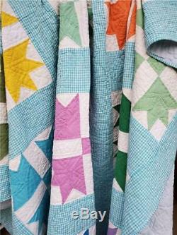 (103) GORGEOUS! Gingham Aqua Vintage Quilt GOOSE TRACKS Handmade