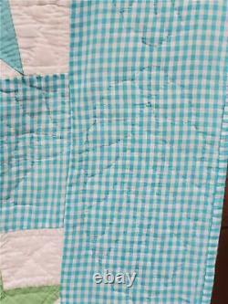 (103) GORGEOUS! Gingham Aqua Vintage Quilt GOOSE TRACKS Handmade