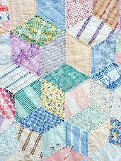 (130) BEAUTIFUL Vintage Quilt TUMBLING BLOCKS Handmade Feed Sack Fabrics