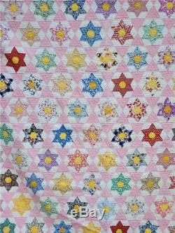 (151) AMAZING Vintage Quilt STARS IN HEXAGONS Feed Sack Handmade
