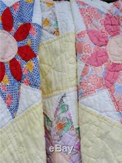 (154) UNIQUE Vintage Feed Sack Quilt 8 EIGHT POINT STAR with FLOWER Handmade