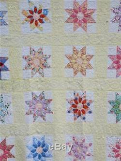 (154) UNIQUE Vintage Feed Sack Quilt 8 EIGHT POINT STAR with FLOWER Handmade