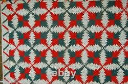 1880's Red & Green Pineapple Windmill Blades Log Cabin Antique Quilt ZIGZAG BDR