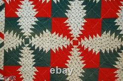 1880's Red & Green Pineapple Windmill Blades Log Cabin Antique Quilt ZIGZAG BDR