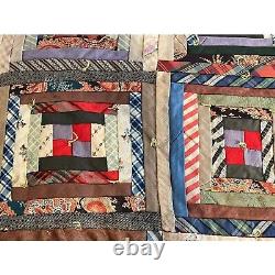 1890s log cabin courthouse steps quilt hand tied with crochet edge wool back
