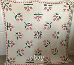1930-1940's Pink TULIP Quilt with SAWTOOTH BORDER TONS of QUILTING