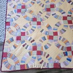 1930'S Antique DOUBLE WEDDING RING QUILT Hand Pieced Hand Stitched yellow 66x79