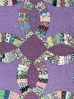 1930's VINTAGE PURPLE DOUBLE WEDDING RING QUILTFEEDSACK PRINTS HAND MADE