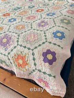 1936 Handmade Patchwork Quilt Feed Sack Grandmothers Flower Garden Hand Sewn