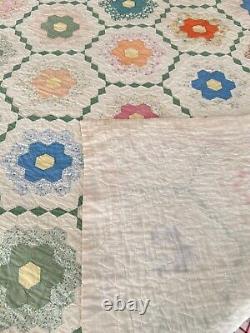 1936 Handmade Patchwork Quilt Feed Sack Grandmothers Flower Garden Hand Sewn