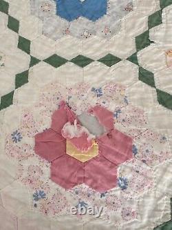 1936 Handmade Patchwork Quilt Feed Sack Grandmothers Flower Garden Hand Sewn