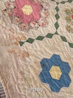 1936 Handmade Patchwork Quilt Feed Sack Grandmothers Flower Garden Hand Sewn