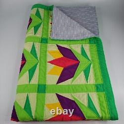 1970s Handmade Quilt Neon Vintage Retro Polyester 68x84