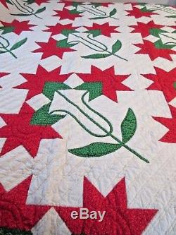 1980's Vintage Amish Handmade Christmas Quilt Red & Green From Pennsylvania