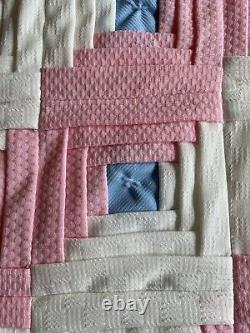 2 Matching Vintage Handmade Quilts Log Cabin Full And Twin Pink Blue And White