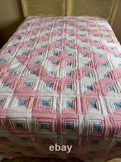 2 Matching Vintage Handmade Quilts Log Cabin Full And Twin Pink Blue And White