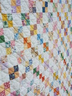 (266) SUPER BEAUTIFUL Vintage Quilt 4 FOUR PATCH with BORDER Handmade Feed Sack