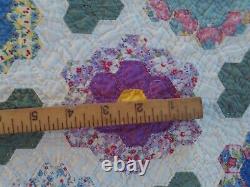 63 x 82 Vintage Grandmother's Flower Garden Quilt Hand Stitched 1 hex's