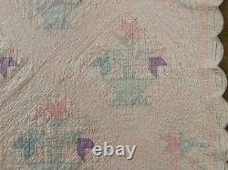 80 Antique Flower basket handmade quilt twin to full vintage faded pink