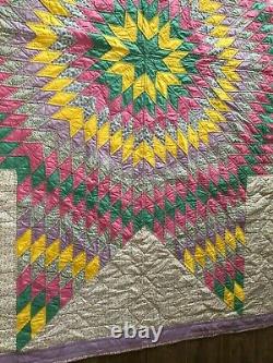 80 x 93 Antique handmade quilt full / queen Texas Lone Star vintage yellow pink