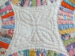 84x101 DOUBLE WEDDING RING Hand Pieced QUILTED vintage ANTIQUE feedsack