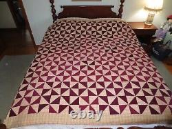 ANTIQUE Hand Quilted PINWHEEL Solid & Plaid PATCHWORK Cotton QUILT 74 x 74