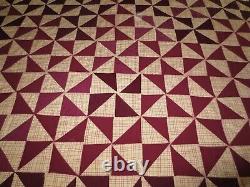 ANTIQUE Hand Quilted PINWHEEL Solid & Plaid PATCHWORK Cotton QUILT 74 x 74