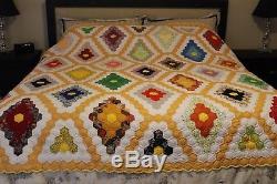 ANTIQUE VINTAGE HANDMADE OHIO Patchwork QUILT Diamond Cheddar NEVER USED PERFECT