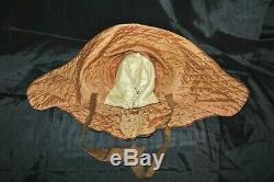 AUTHENTIC ANTIQUE QUILTED BONNET HAT HANDMADE SILK BROWN ca. 1800s