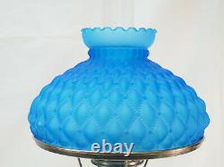 Aladdin #11 Metal Nickle Oil Lamp tall glass chimney quilted blue glass shade