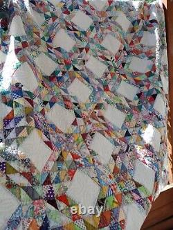 Amazing Ocean Wave Vintage Signed And Dated Scrap & Feed Sack Quilt 89x74
