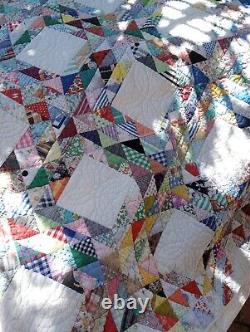 Amazing Ocean Wave Vintage Signed And Dated Scrap & Feed Sack Quilt 89x74