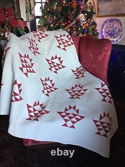 American Antique Large 1890s Patchwork Basket Quilt Hand Washed Red White #271