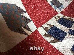 American Antique Large 1890s Patchwork Quilt Brown Blue Red #270B