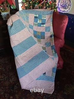 American Antique Large 1890s Patchwork Quilt Red White Blue #272 TWO SIDED