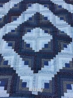 Amish Handmade Sunshine & Shadow Quilt Blue Calico Elaborate Hand Sewn Quilting