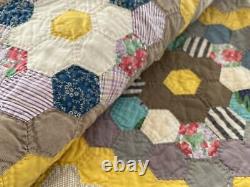 Amish Vintage Pennsylvania Hand Stitched Flour Sack Quilt Blanket Cotton 76x97