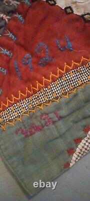 Antique 100 Year Old Patchwork Quilt, Dated Feb 21, 1924, Hand Stitched, 62x76