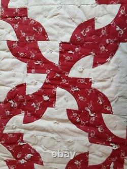 Antique 1800's Drunkards Path Red Handmade Tied Comforter Quilt