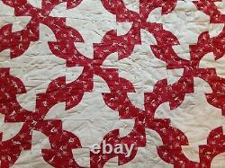 Antique 1800's Drunkards Path Red Handmade Tied Comforter Quilt