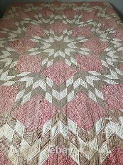 Antique 1800's Quilt Star Handmade Pink Brown White Cutter 71 X 77