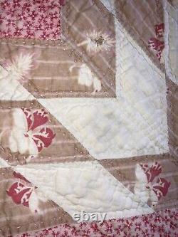 Antique 1800's Quilt Star Handmade Pink Brown White Cutter 71 X 77