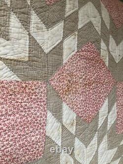 Antique 1800's Quilt Star Handmade Pink Brown White Cutter 71 X 77