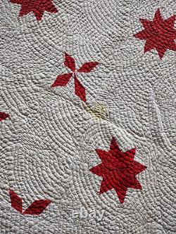 Antique 1800s Hand Stitched Quilt Red Star Massachusetts Heavily Quilted 60 x 78