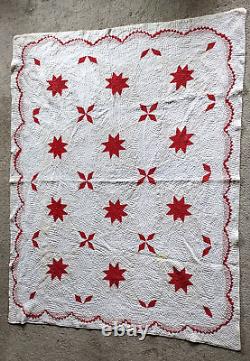 Antique 1800s Hand Stitched Quilt Red Star Massachusetts Heavily Quilted 60 x 78
