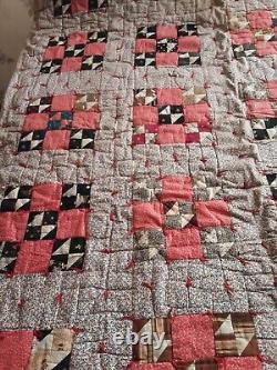 Antique 1890's Handmade 9 Patch Variation Quilt Coral Brown