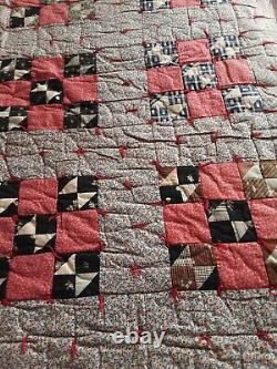 Antique 1890's Handmade 9 Patch Variation Quilt Coral Brown