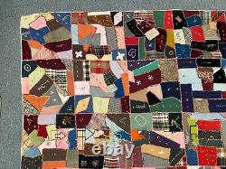 Antique 1910 Handmade Patchwork Reclaimed Stitched Bedspread Crazy Quilt 81 X 66